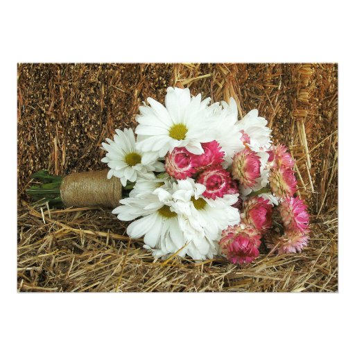 Daisy & Pink Bouquet & Hay Country Wedding Invite