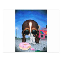 sugar, fueled, michael, banks, pity, puppy, dog, basset, hound, cute, creepy, adorable, snuggly, animal, donut, sprinkles, sweet, shop, sweets, candy, lowbrow, pop, surrealism, Cartão postal com design gráfico personalizado
