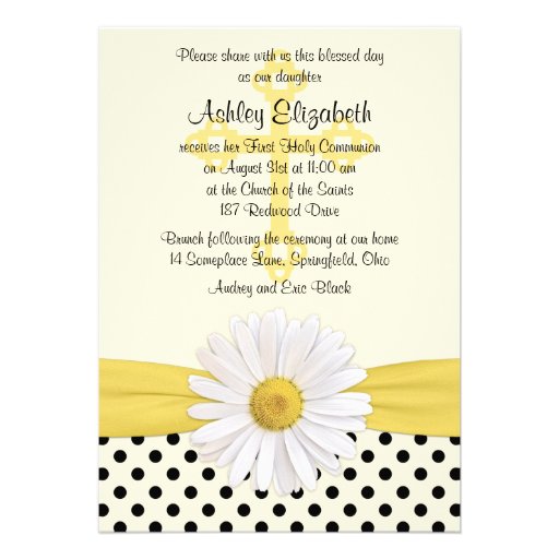 Daisy yellow ivory white polka dot First Communion Personalized Announcement