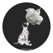 Dalmation Puppy And White Rose Sticker Label by SmilinEyesTreasures Dalmation Puppy And White Rose Sticker Label