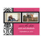Damask 2-Photo Fuschia-Black-White Save the Date Postcard
