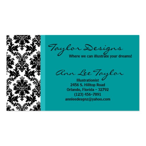 Damask and Teal Elegant Trendy Chic Business Card (front side)