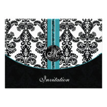 damask aqua wedding monogram invitation