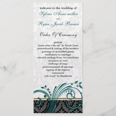 damask aqua Wedding program Custom Rack Cards