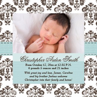 Tiffany Blue and Brown Damask Baby Announcements