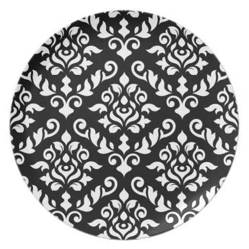 Damask Baroque Pattern White on Black Plate