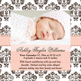 Pink and Brown Damask Birth Announcement 