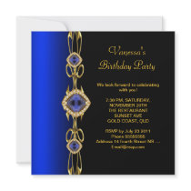 Damask Birthday Party Colbalt Blue Gold Black invitations