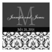 Damask Black and White Monogram Wedding Invitation