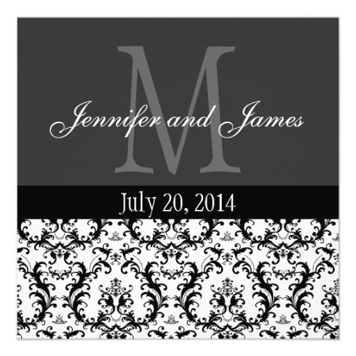 Damask Black and White Monogram Wedding Invitation