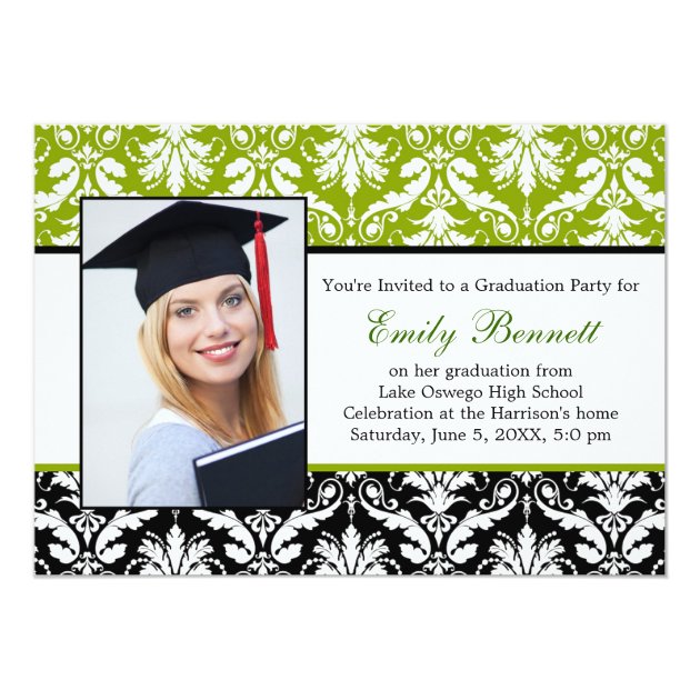 Damask black lime Graduation Party 5x7 Paper Invitation Card (front side)