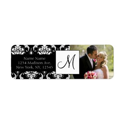 Damask Black Monogram Photo Wedding Address Labels by monogramgallery