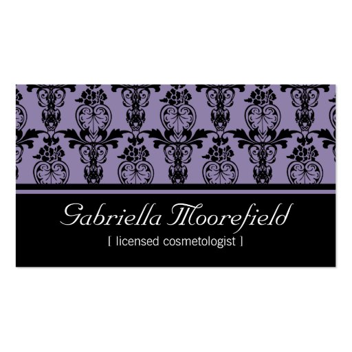 Damask Black Purple Cosmetologist Business Cards (front side)