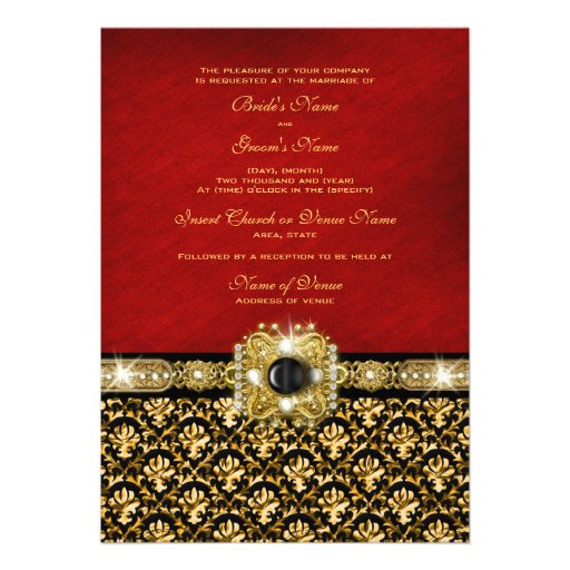 Damask black red gold "elegant wedding" personalized announcement