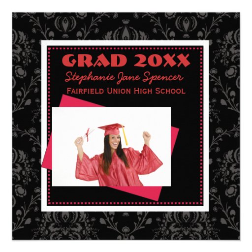 Damask Black & Red Graduation Announcement (front side)