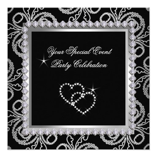 Damask Black Silver Diamonds Heart Party Invitations