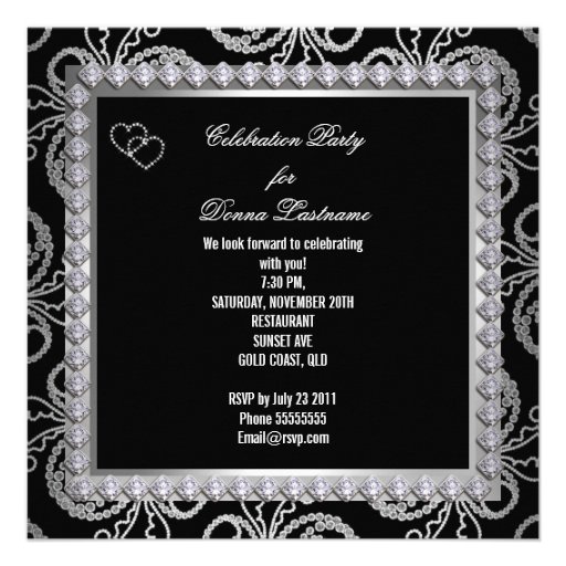 Damask Black Silver Diamonds Heart Party Invitations