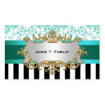 Damask, Black White Stripe Aqua Ribbon, Gold Label Business Card Template