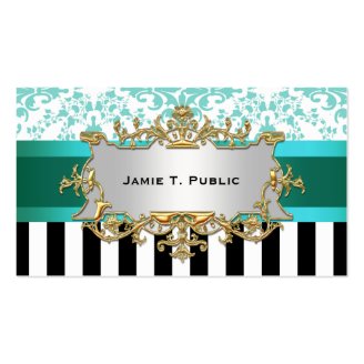 Damask, Black White Stripe Aqua Ribbon, Gold Label Business Card Template