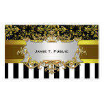 Damask, Black White Stripe Gold Ribbon, Gold Label Business Card Template