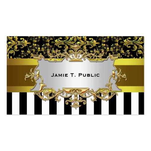 Damask, Black White Stripe Gold Ribbon, Gold Label Business Card Template (front side)