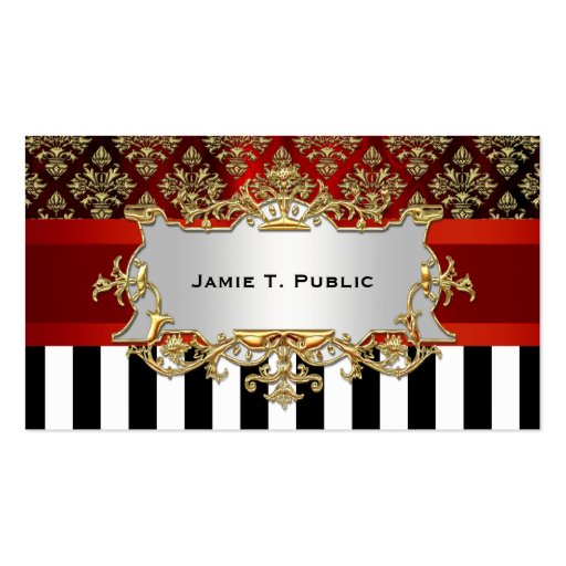 Damask, Black White Stripe, Red Ribbon, Gold Label Business Cards (front side)