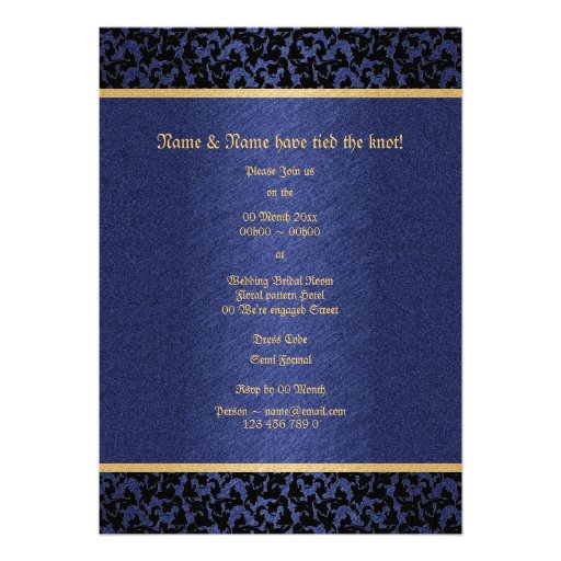 Damask blue gold elegant wedding party custom invite
