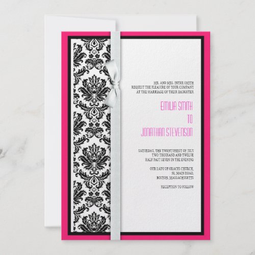 Damask Bow Wedding Invitation with Hot Pink invitation Black and White 
