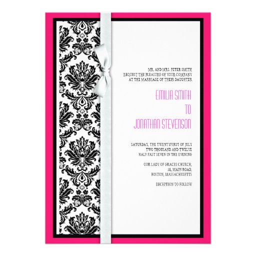 Damask Bow Wedding Invitation with Hot Pink
