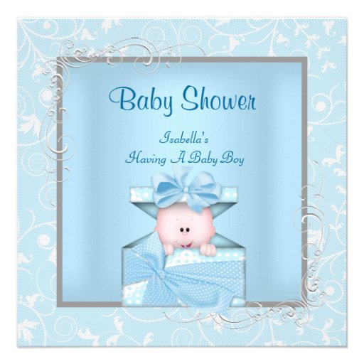 Damask Boy Baby Shower Blue White Floral Announcements