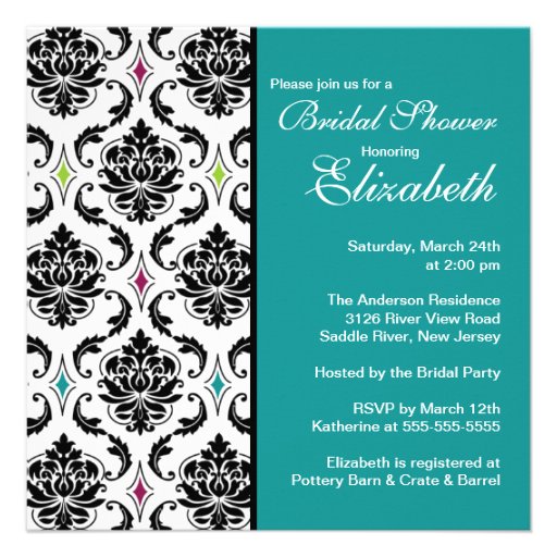 Damask Bridal Shower Invitation Black & Turquoise