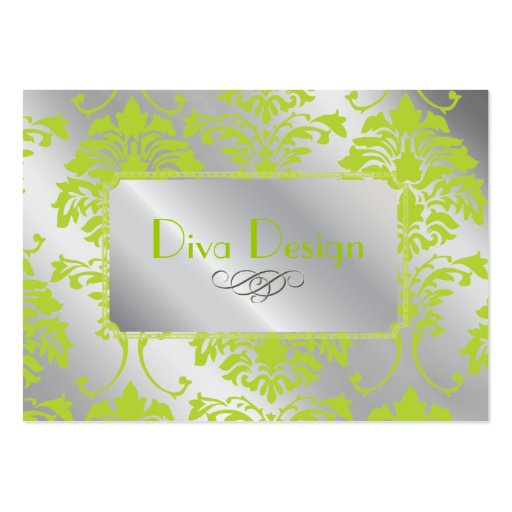 Damask business card in lime green on silver tone (front side)