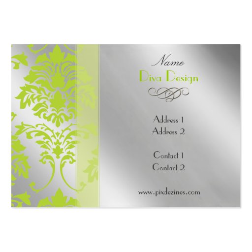 Damask business card in lime green on silver tone (back side)
