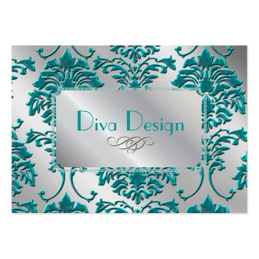 Damask business card in teal green on silver tone