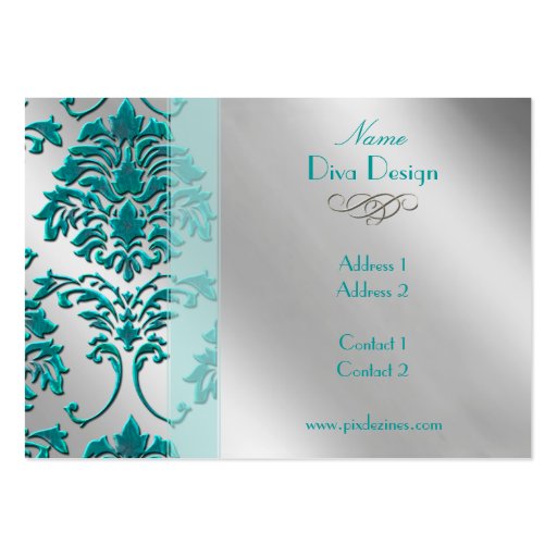Damask business card in teal green on silver tone (back side)