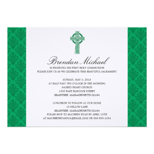 Damask Celtic Cross First Communion Personalized Announcements