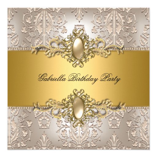 Damask Cream Gold Birthday Party Pearl Announcements