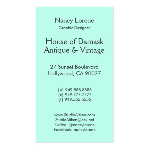 Damask Cut Velvet, Antique Lace Business Card (back side)