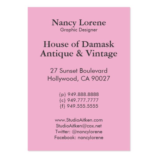 Damask Cut Velvet, DOUBLE DAMASK in Pink Business Card Templates (back side)