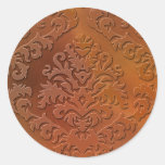 Damask Cut Velvet, Satin Abstract in Orange & Gold Round Sticker