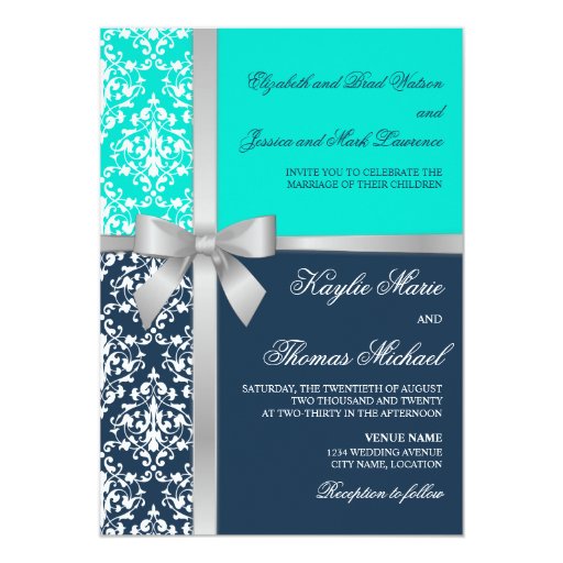 Damask Faux Silver Ribbon Navy Aqua Wedding Card Zazzle