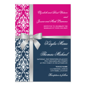 Damask Faux Silver Ribbon Navy Fuchsia Wedding 5x7 Paper Invitation Card