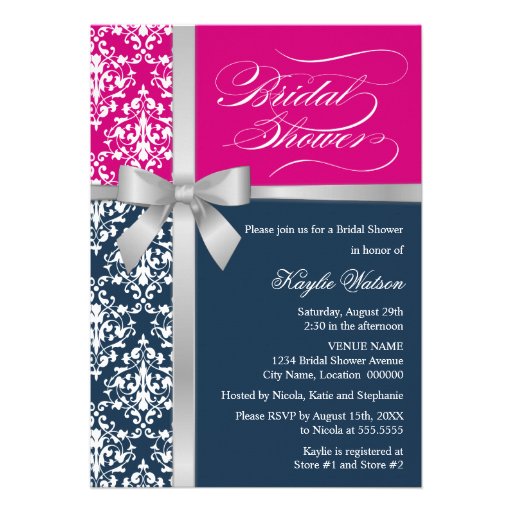 Damask Faux Silver Ribbon Navy Pink Bridal Shower Custom Invites