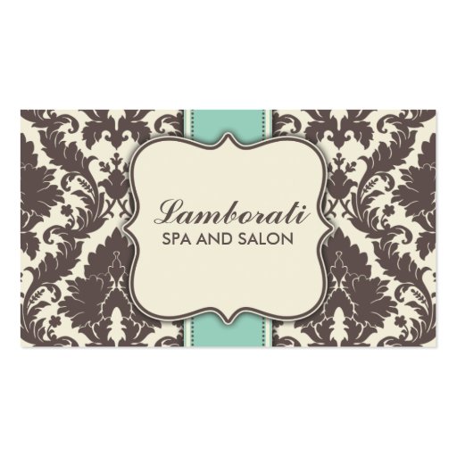 Damask Floral Elegant Modern Brown Beige and Green Business Cards (front side)