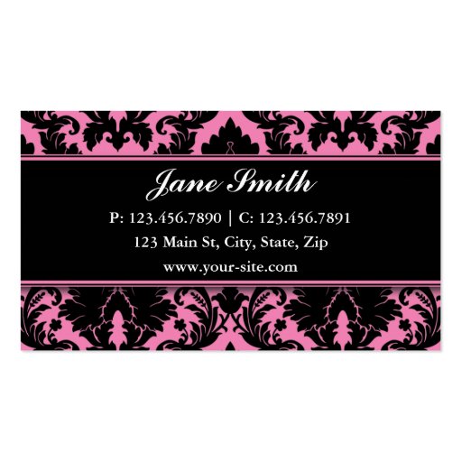 Damask Floral Elegant Modern Pink and Black Business Cards (back side)