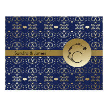 DAMASK FLORAL LETTER C MONOGRAM PURPLE GOLD POST CARDS