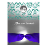 DAMASK GEM STONE MONOGRAM blue ribbon Invite