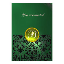 DAMASK GEM STONE MONOGRAM green yellow rsvp Invitations
