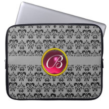 DAMASK GEM STONE MONOGRAM grey fuchsia black Computer Sleeves