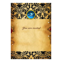 DAMASK GEM STONE MONOGRAM parchment blue Announcements